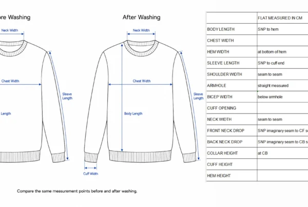 Sweater shrinkage test infographic showing before and after washing measurement points with a sweater size chart.