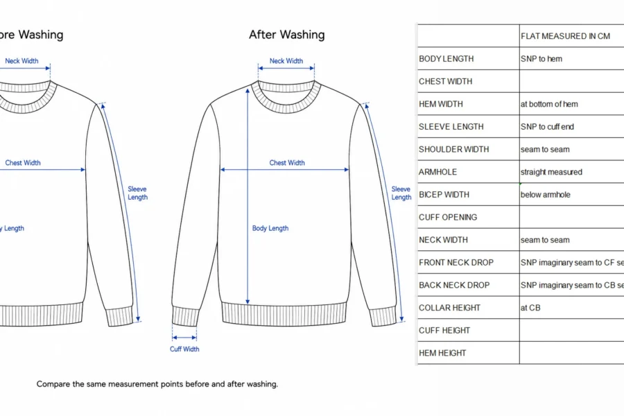Sweater shrinkage test infographic showing before and after washing measurement points with a sweater size chart.