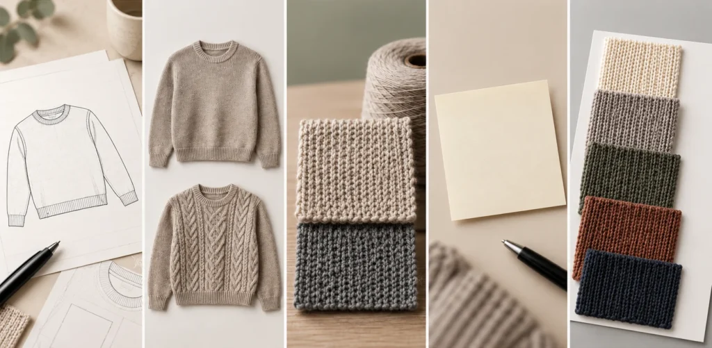 Knitwear development collage showing sweater sketches, sample revisions, yarn and gauge swatches, feedback notes and color matching before bulk production