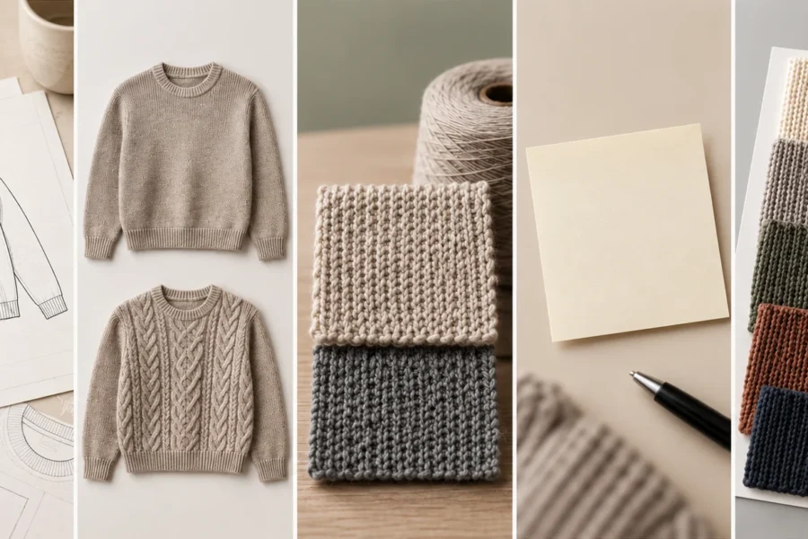 Knitwear development collage showing sweater sketches, sample revisions, yarn and gauge swatches, feedback notes and color matching before bulk production