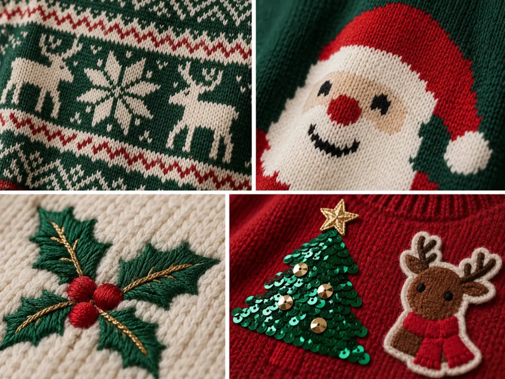 Custom Christmas sweater manufacturer decoration examples showing jacquard, intarsia, embroidery and applied embellishment techniques.