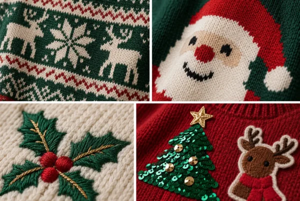 Custom Christmas sweater manufacturer decoration examples showing jacquard, intarsia, embroidery and applied embellishment techniques.