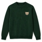 Army green crew neck sweater with a small animal intarsia motif on the left chest