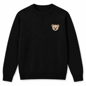 Black animal intarsia sweater for men with a bear motif on the left chest