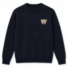 Navy crew neck sweater with a small animal intarsia motif on the left chest