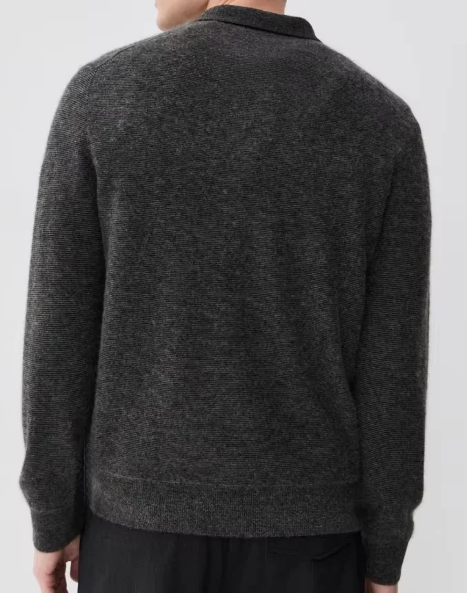 Back view of the dark gray cashmere open polo collar sweater