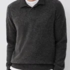 Front view of the dark gray cashmere open polo collar sweater