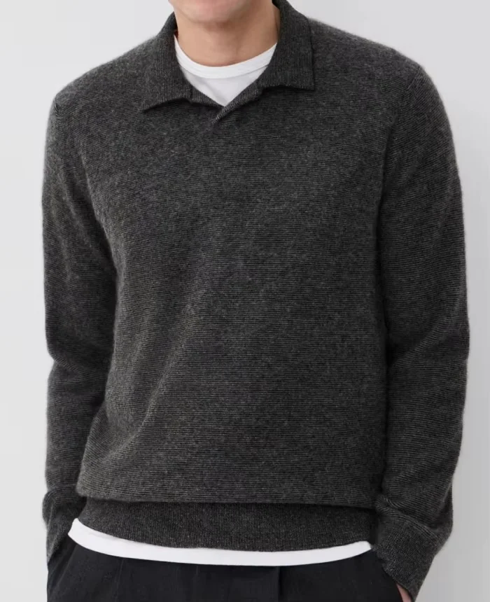 Front view of the dark gray cashmere open polo collar sweater
