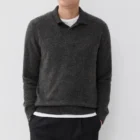 Fit view of the dark gray cashmere open polo collar sweater