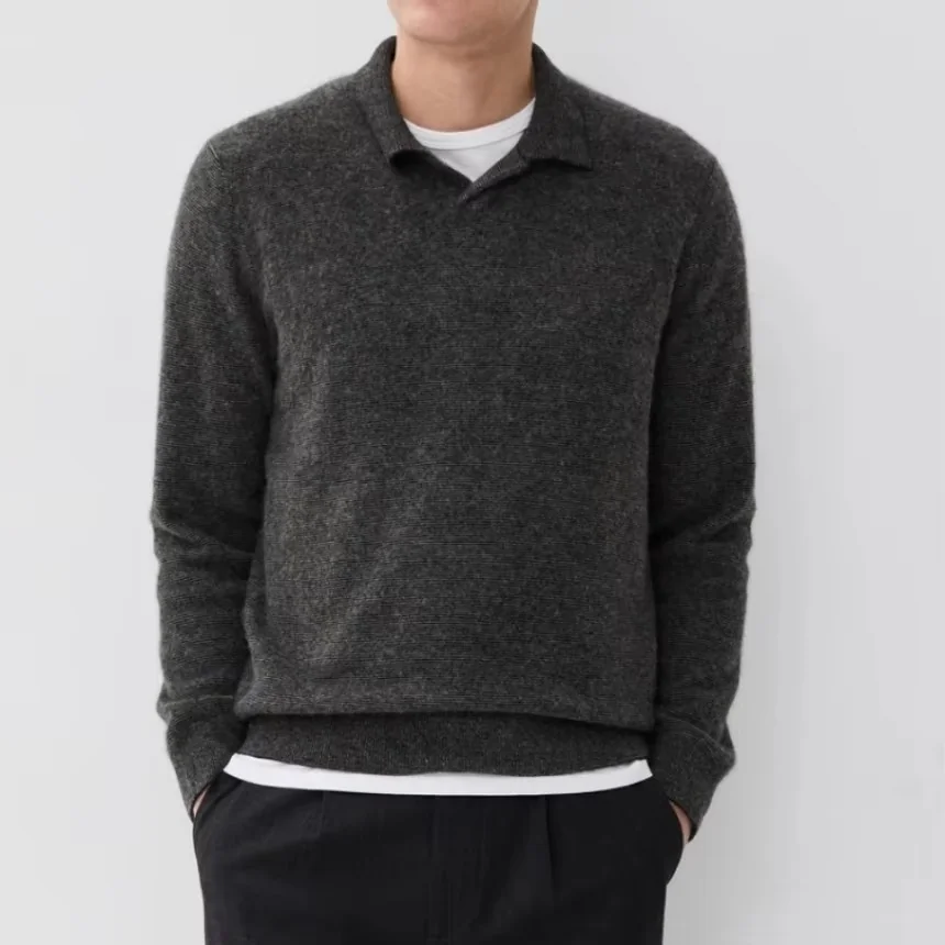 Fit view of the dark gray cashmere open polo collar sweater