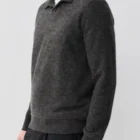 Side view of the dark gray cashmere open polo collar sweater