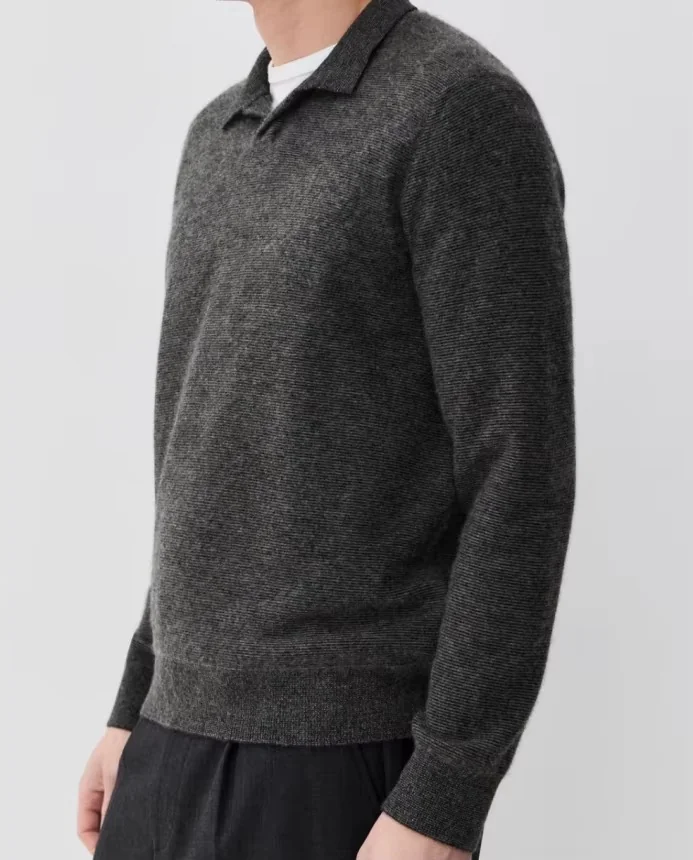 Side view of the dark gray cashmere open polo collar sweater