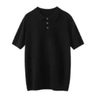 Black cashmere short sleeve knit polo sweater with three buttons
