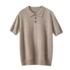 Camel cashmere short sleeve knit polo sweater with three buttons