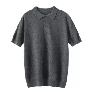 Charcoal cashmere short sleeve knit polo sweater with three buttons