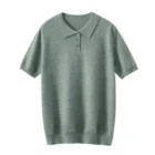Sage green cashmere short sleeve knit polo sweater with three buttons