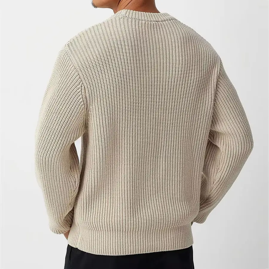 Back view of the oatmeal chunky knit cotton crew neck sweater