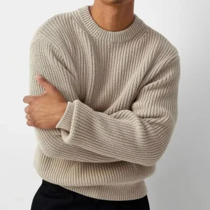 Oatmeal chunky knit cotton sweater with a crew neck worn by a male model