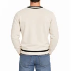 Back view of cream custom stripe embroidered sweater on male model
