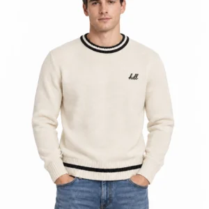 Custom stripe embroidered sweater in cream on male model, front view