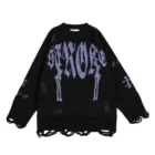 Black crew neck sweater with STRACORE in light grey gothic lettering above two dagger motifs, with long loose yarn loops at cuffs and hem