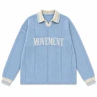 Blue knit polo collar sweater with a jacquard MOVEMENT letter on the front