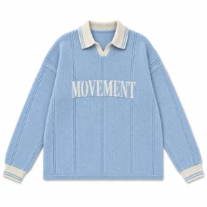 Blue knit polo collar sweater with a jacquard MOVEMENT letter on the front