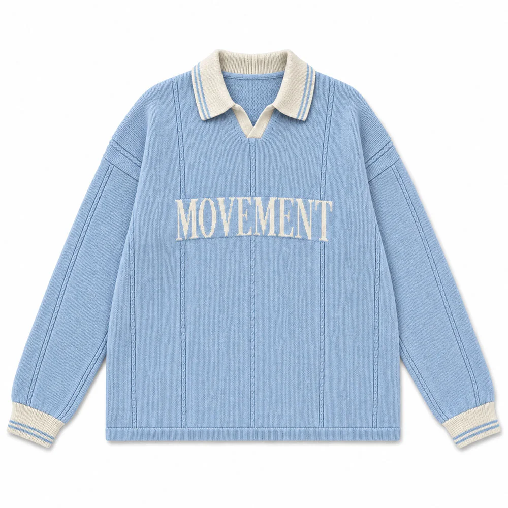 Custom Men Jacquard Letter Ribbed Polo Collar Knit Sweater - Image 1 Blue knit polo collar sweater with a jacquard MOVEMENT letter on the front
