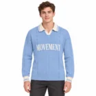 Male model wearing the blue jacquard letter polo collar knit sweater