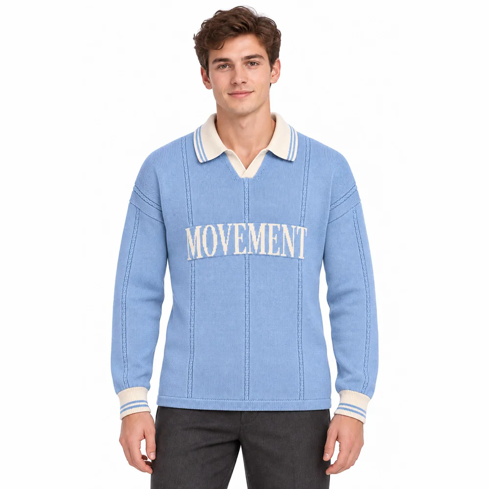 Male model wearing the blue jacquard letter polo collar knit sweater
