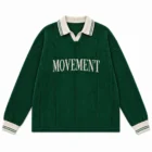 Green knit polo collar sweater with a jacquard MOVEMENT letter on the front