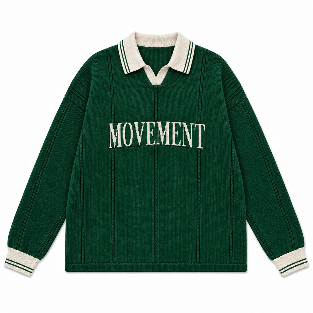 Green knit polo collar sweater with a jacquard MOVEMENT letter on the front