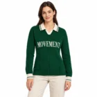 Female model wearing the green jacquard letter polo collar knit sweater