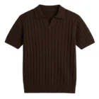 Brown short sleeve knit polo sweater with an open V neck and vertical rib knit