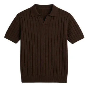 Brown short sleeve knit polo sweater with an open V neck and vertical rib knit