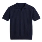 Navy short sleeve knit polo sweater with an open V neck and vertical rib knit