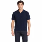 Male model wearing the navy open V neck ribbed knit short sleeve polo