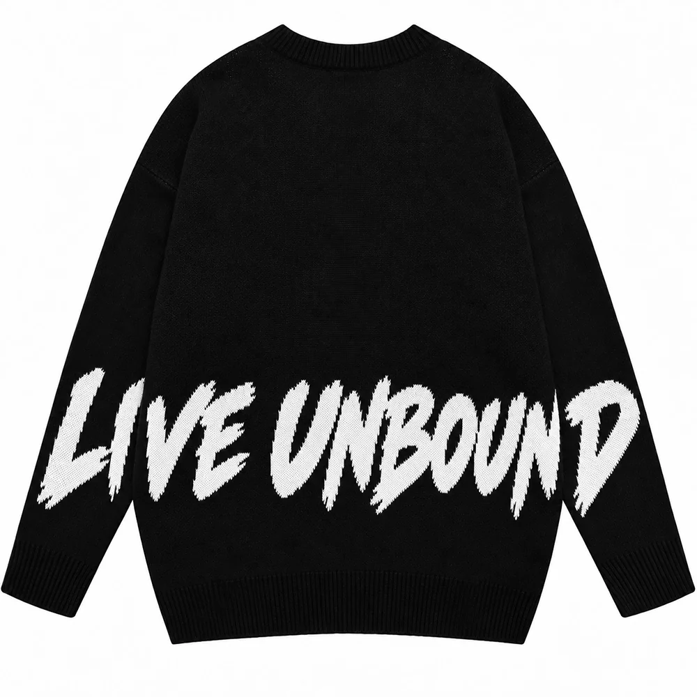 Back view of the black crew neck sweater with a knitted white LIVE UNBOUND slogan