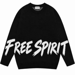 Black crew neck sweater with a knitted white FREE SPIRIT slogan across the front
