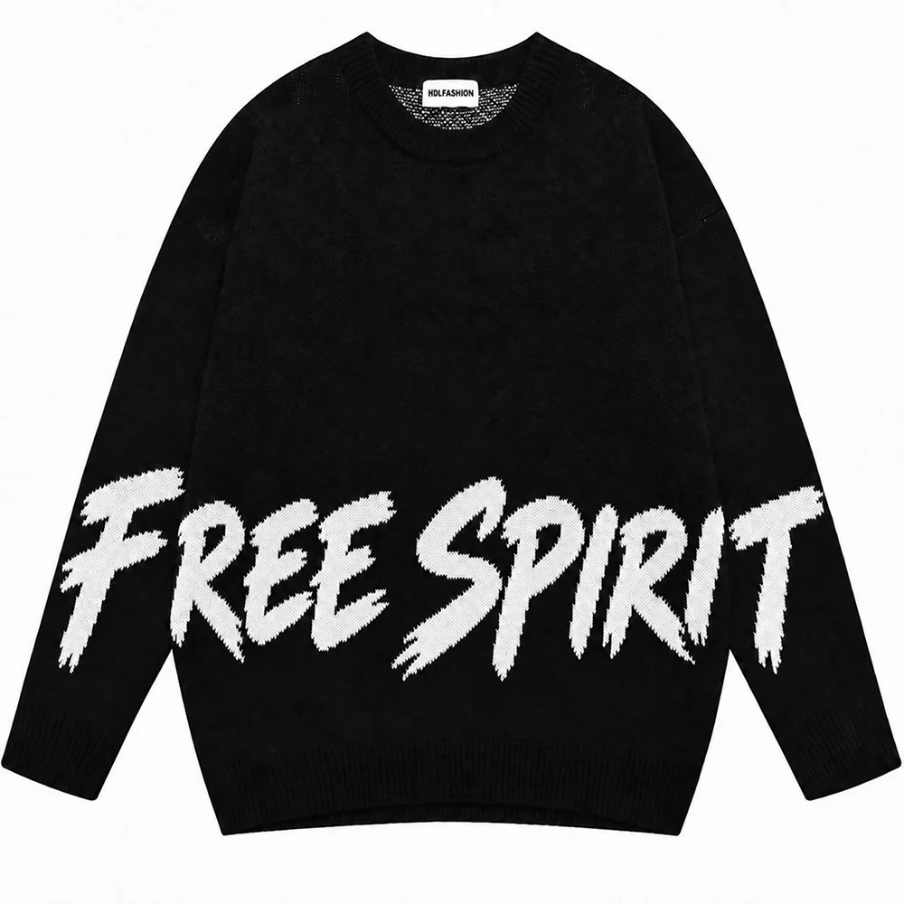 Custom Men Slogan Jacquard Crew Neck Pullover Sweater - Image 4 Black crew neck sweater with a knitted white FREE SPIRIT slogan across the front
