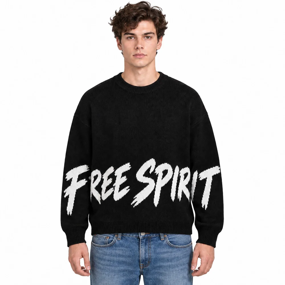 Male model wearing the black slogan jacquard crew neck sweater