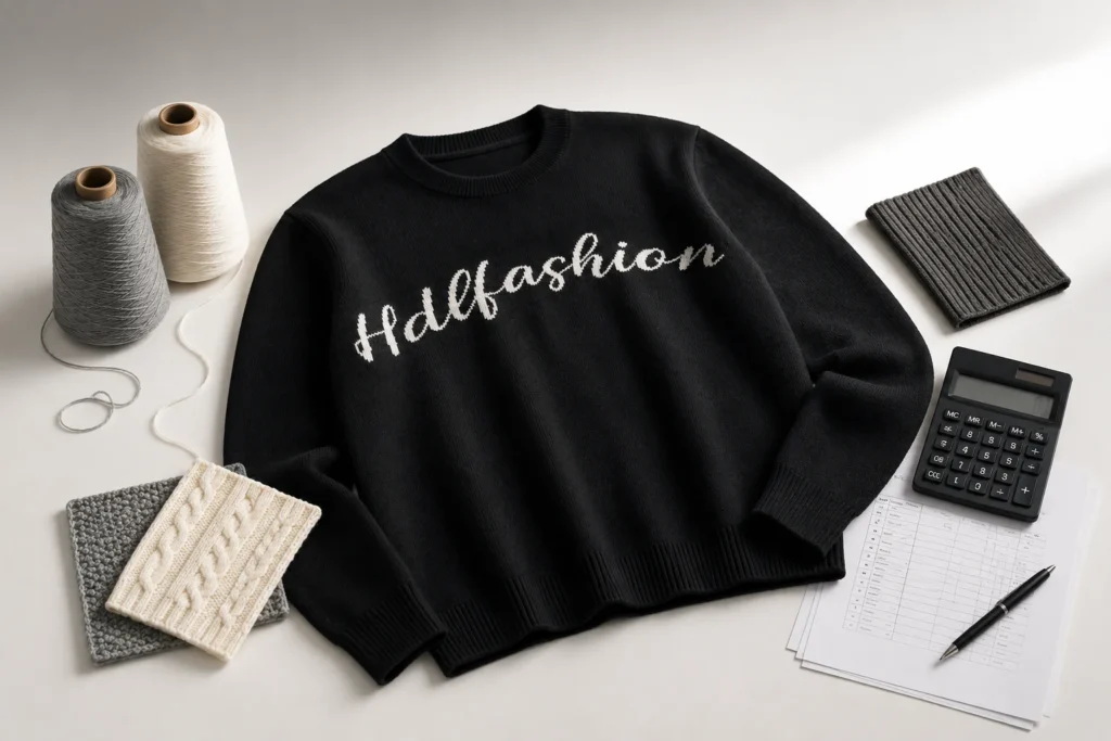 Custom knitwear development still-life image with a black sweater, suitable for an article about custom sweater manufacturing cost and product planning