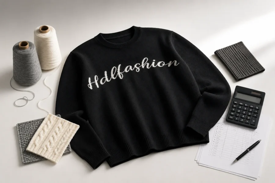 Custom knitwear development still-life image with a black sweater, suitable for an article about custom sweater manufacturing cost and product planning