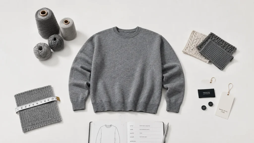 Custom sweater MOQ order planning with yarn, knit swatches, trims and sweater specification sheet