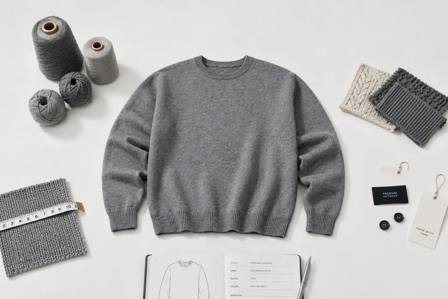 Custom sweater MOQ order planning with yarn, knit swatches, trims and sweater specification sheet