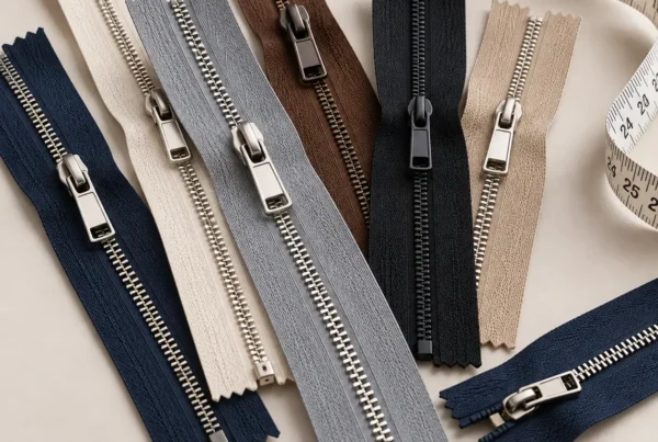 Assorted half-zip sweater zippers and measuring tape prepared for custom knitwear sampling and development