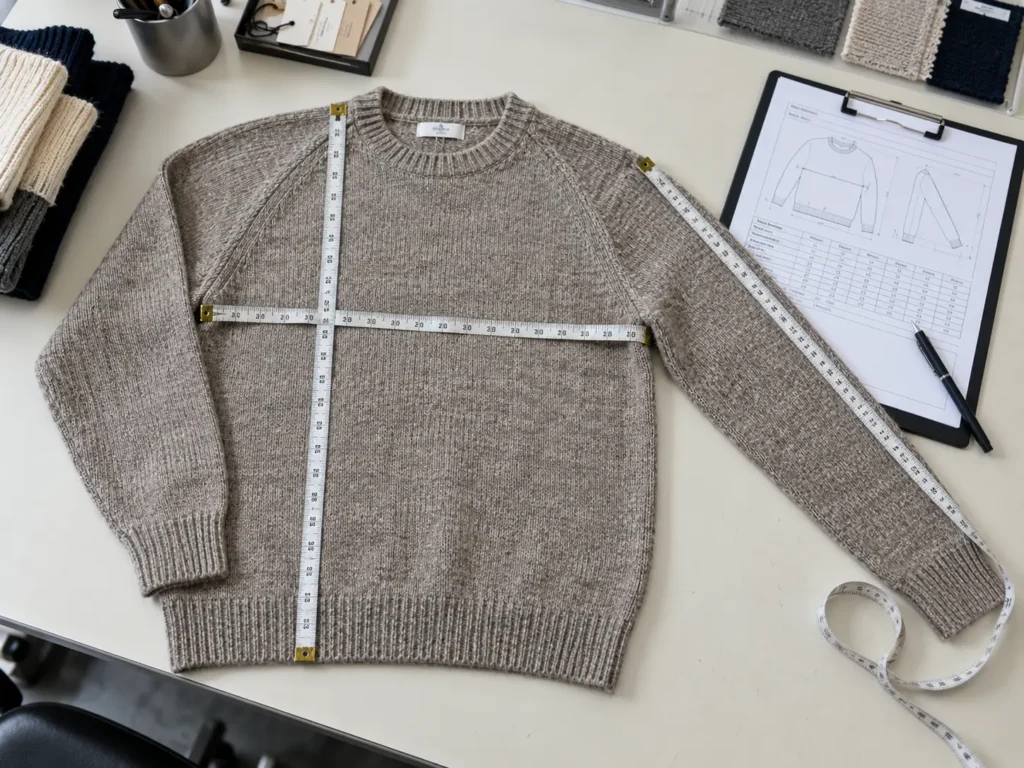 Sweater measurement points checked with a tape measure and tech pack during garment inspection.
