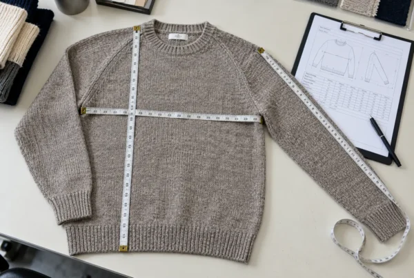 Sweater measurement points checked with a tape measure and tech pack during garment inspection.