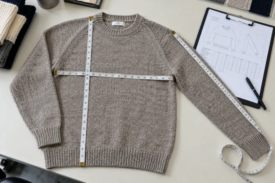 Sweater measurement points checked with a tape measure and tech pack during garment inspection.