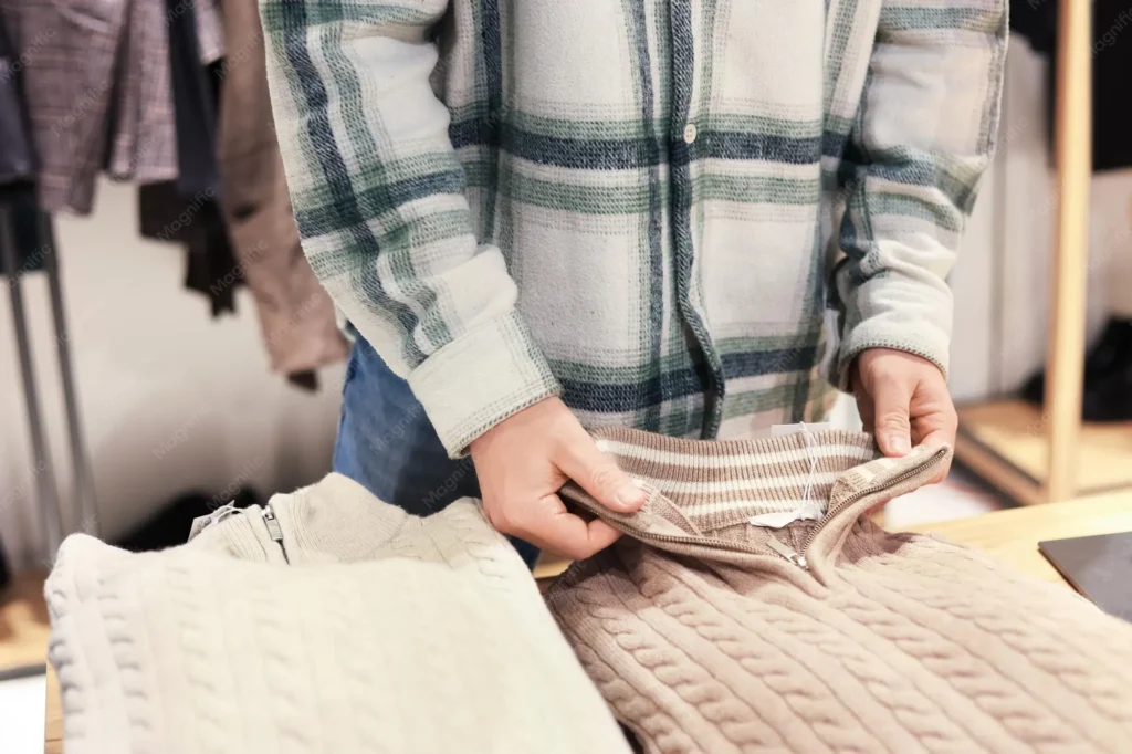 Buyer reviewing sweater sample details during knitwear development, checking collar construction and zipper finish before production
